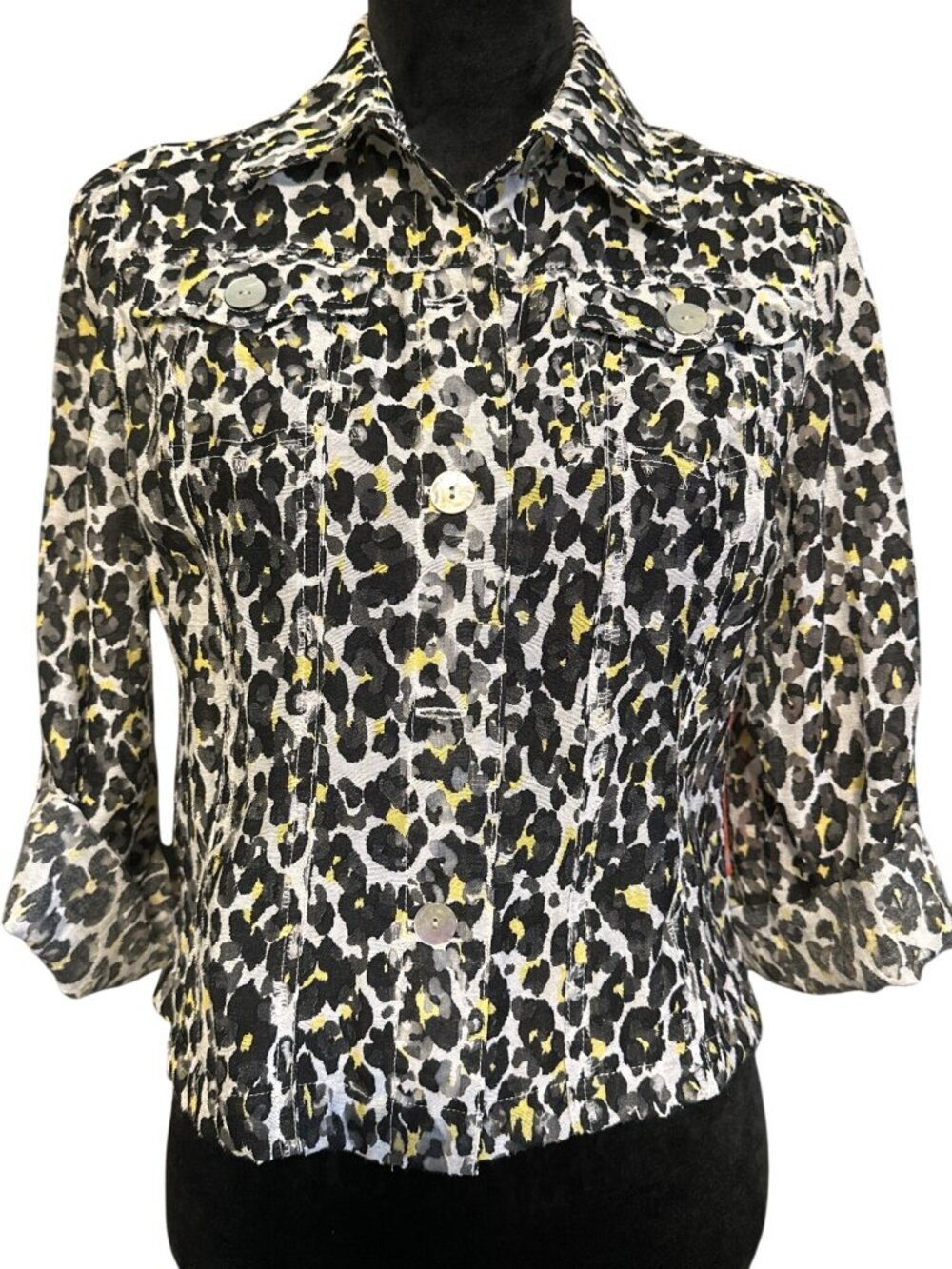 Ruby Rd. Womens Cropped Leopard Print Denim Jacket With 3/4 Sleeves & Button Clo